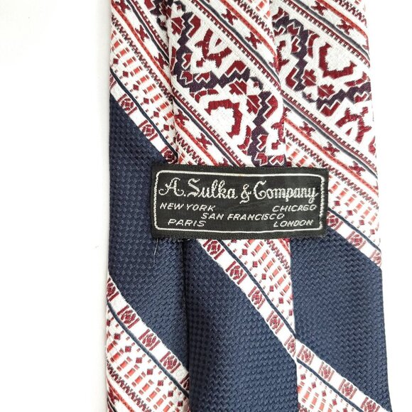 Vintage 50s Striped Geometric Tie Necktie Navy Blue Red Textured A. Sulka & Co - Picture 4 of 5